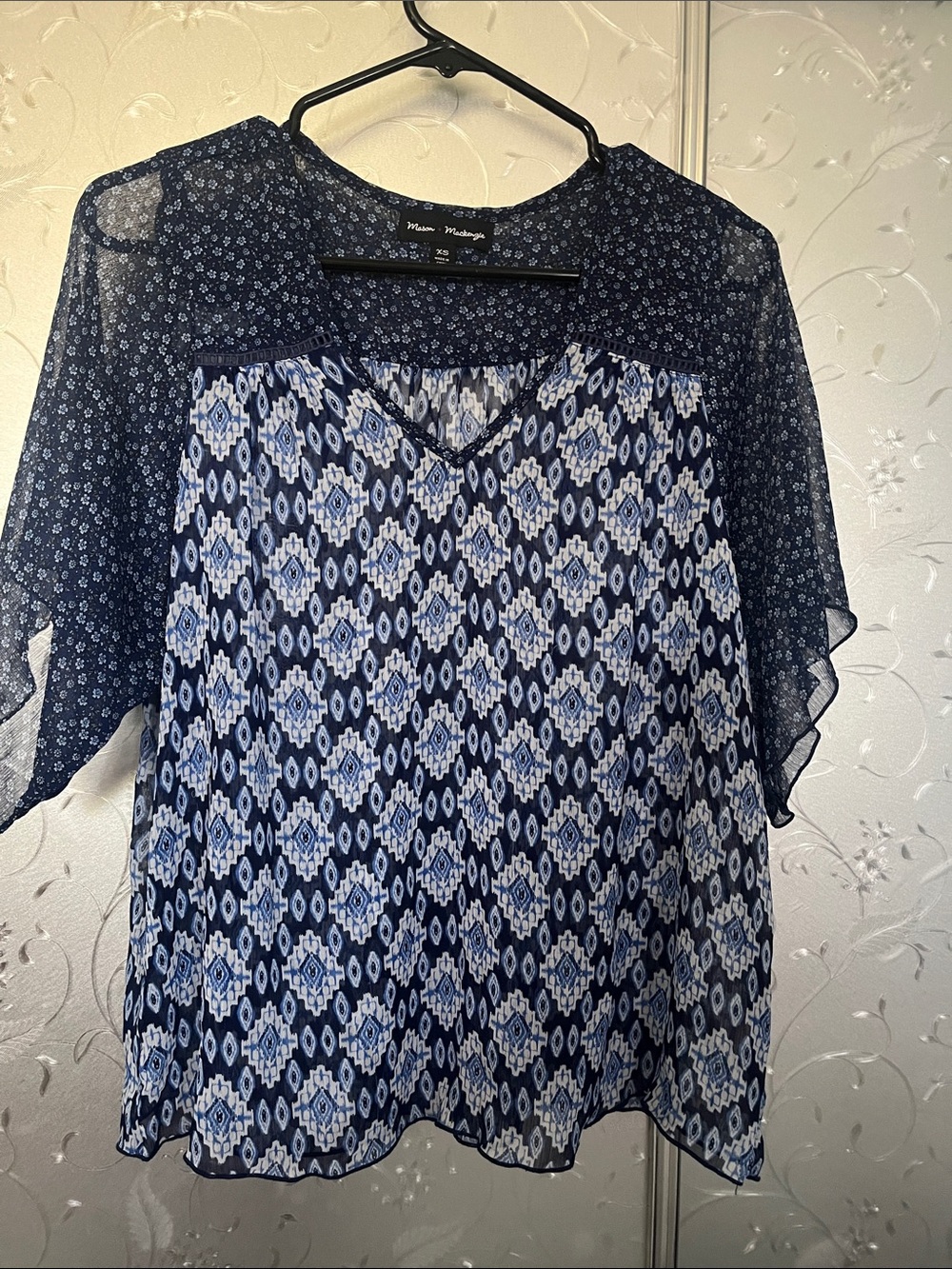 Navy Patterned Sheer Chiffon Blouse XS